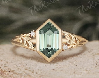 Green Sapphire Engagement Ring Solid Gold Natural Leaf Ring Cluster Moissanite Hexagon Cut Teal Sapphire Wedding Ring Promise Rings