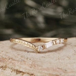Moissanite Curved Wedding Band Solid Gold Nature Inspired Leaf Wedding Ring Moissanite Stacking Matching Rings Personalized Gift For Her
