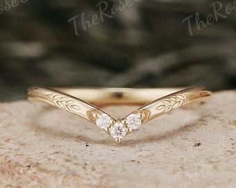 Nature Inspired Moissanite Wedding Band  Solid Gold Moissanite Curved Wedding Ring Moissanite Stacking Matching Rings Personalized Gift