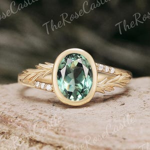 Oval Shape Nature Inspired Green Sapphire Engagement Ring Solid Gold Leaf Branch Design Teal Sapphire Wedding Ring Promise Ring For Her