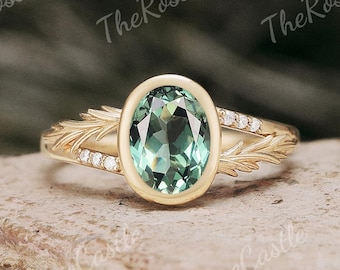 Oval Shape Nature Inspired Green Sapphire Engagement Ring Solid Gold Leaf Branch Design Teal Sapphire Wedding Ring Promise Ring For Her