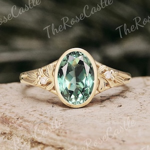 1.5ct Oval Cut Green Sapphire Engagement Ring Solid Gold Nature Inspired Leaf Design Sapphire Wedding Ring Unique Bridal Ring for Women