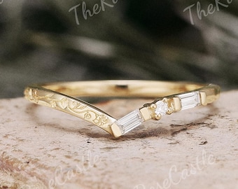 Baguette Cut Moissanite Wedding Band Unique Curved Wedding Ring Solid Gold Stacking Matching Rings for Women Personalized Gift for Her