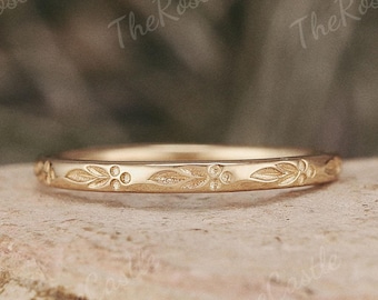 Solid Gold Leaf Wedding Band Art Deco Hand Engraved Wedding Band Antique Wedding Band Minimalist Ring Personalized Gifts Gift For Her