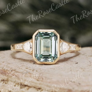 Saphir Smaragdschliff Saphir Verlobungsring massiv Saphir Gold Moissanite Verlobungsring blaugrün Saphir Verlobungsring