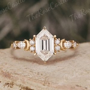 Unique Hexagon Cut Moissanite Engagement Ring Solid Gold Moon Design Moissanite Wedding Ring Minimalist Rings For Women Personalized Jewelry