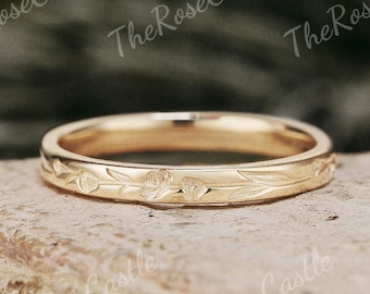 Leaf Flower Engraving Wedding Band Nature Inspired Leaf Branch Wedding Band Solid Gold Matching Ring Handmake Anniversary Rings For Women