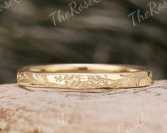 2 MM Geburtsblume Gravierte Eheringe Massivgold Natur Inspiriert Blatt Ehering Passender Ring Handmake Jahrestag Ringe Für Frauen