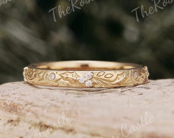 2.6MM Engraved Leaf Branch Wedding Band, Solid Gold Nature Inspired Ring, Stacking Band