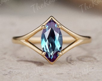 Marquise alexandrite engagement ring unique ring yellow gold engagement ring art deco handmade jewelry minimalist alexandrite ring for women