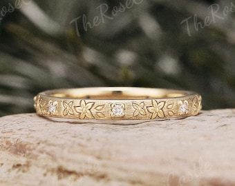 Solid Gold Hand Carved Floral Wedding Band with Moissanite, Vine Leaf Promise Ring