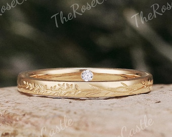 Nature Inspired Leaf Wedding Band, Solid Gold Moissanite Ring, Stacking Anniversary Band