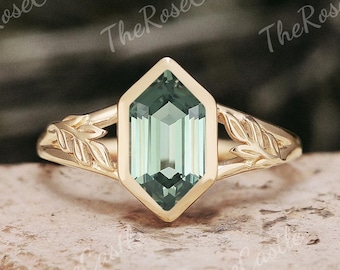 Green Sapphire Engagement Ring Unique Natural Leaf Inspired Sapphire Ring Solid Gold Hexagon Cut Teal Sapphire Wedding Ring Promise Rings
