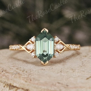 Hexagon Cut Green Sapphire Engagement Ring Yellow Gold Moissanite Cluster Wedding Ring Teal Sapphire Ring Anniversary Gift For Her
