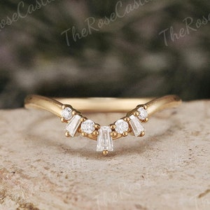 Unique Baguette Cut Moissanite Curved Wedding Band Solid Gold Moissanite Curved Wedding Ring Stacking Matching Moissanite Rings For Women