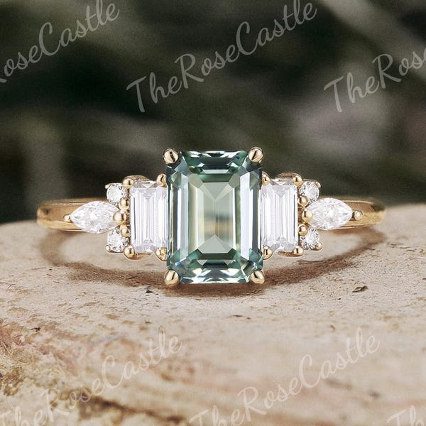 Unique emerald cut green sapphire engagement ring solid gold art deco minimalist moissanite cluster ring women gift handmade jewelry ring