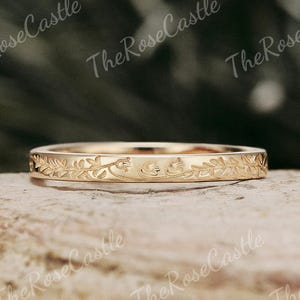 Lily of the valley Wedding Ring Solid Gold Birth Flower Wedding Band Lavender Engraving Ring Nature Inspire Matching Rings For Women