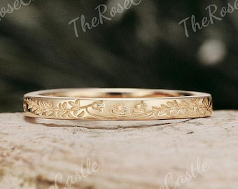 2.2MM Lily of the valley Wedding Ring Solid Gold Birth Flower Wedding Band Lavender Engraving Ring Nature Inspire Matching Rings For Women