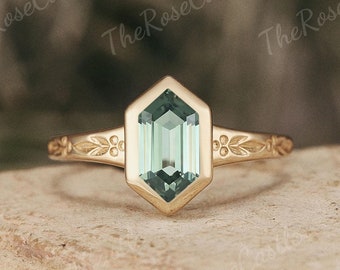 Green Sapphire Engagement Ring Solid Gold Nature Inspired Leaf Flower Teal Sapphire Wedding Ring Promise Bridal Rings For Women Gift For Her