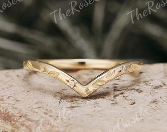 Curved Star Design Wedding Band Solid Gold Nature Inspired Moissanite Stacking Rings For Women
