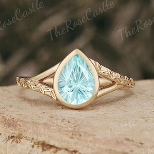 Bezel Set Firework Cut Green Sapphire Engagement Ring Solid Gold Nature Inspired Leaf Wedding Ring Promise Rings For Women Handmade Jewelry