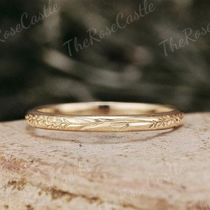 D-Shape Nature Inspired Leaf Wedding Band Custom Solid Gold Mens Wedding Band Stacking Matching Ring Handmake Anniversary Rings For Men