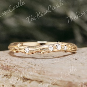 Nature Inspired Moissanite Wedding Band Solid Gold Leaf Branch Stacking Wedding Ring Leaf Wave Design Wedding Ring Personalized Gift For Her
