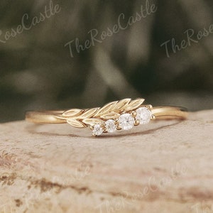 Alianza de boda de moissanita vintage para mujer, anillo de oro amarillo con diseño de hojas, banda a juego, banda apilable de moissanita, anillo de compromiso de aniversario