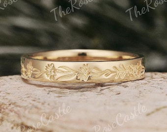 3.5MM Birth Flower Engraved Ring Gold Natural Inspired Handmade Wedding Band Gift For Her