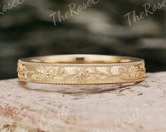 Solid Gold Birth Flower Engraved Wedding Band, 3MM Daisy Relief Stacking Ring, Gift for her