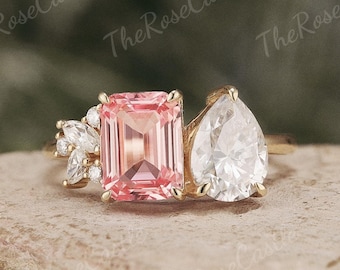 Toi et Moi Emerald Cut Pink Sapphire Pear Cut Moissanite Ring Solid Gold Promise
