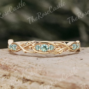 Nature Inspired Moss agate Wedding Band Solid Gold Green Gemstone Stacking Wedding Ring Leaf Wedding Ring Personalized Gifts For Her