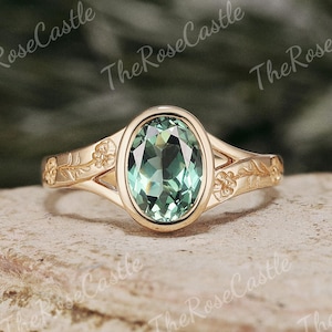 Handmade Engraving Green Sapphire Engagement Ring Solid Gold Nature Inspire Floral Teal Sapphire Wedding Ring Promise Twig Wedding Ring