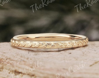 Solid Gold Natural Inspired Leaf Wedding Band Half Eternity Engraving Wedding Ring Unique Leaf Wedding Band Handmade Rings For Women