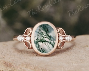 Bezel Moss Agate Ring Engagement Ring Solid Gold Five Stone Moissanite Cluster Wedding Ring Anniversary Emerald Bridal Ring Gift For Her