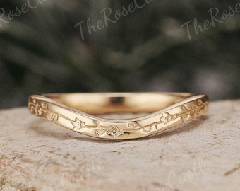 2MM / 3MM Natural Inspired Leaf Wedding Band Solid Gold Leaf Engraving Twist Anniversary Women Stacking Ring Half Eternity Wedding Ring