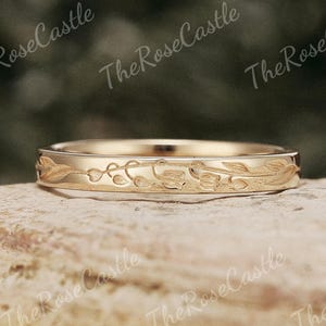 Leaf Floral Wedding Ring Solid Gold Birth Flower Wedding Band Lily of the valley Engraving Ring Nature Inspire Stacking Rings For Women