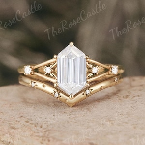 Unique Moissanite Engagement Ring Set Moissanite Cluster Wedding Ring Solid Gold Star Design Wedding Band Hexagon Cut Promise Bridal Set