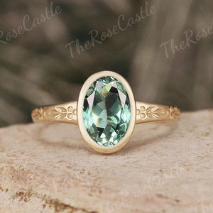 Nature Inspired Green Sapphire Engagement Ring Solid Gold Teal Sapphire Ring Solitaire Wedding Rings For Women Personalized Jewelry