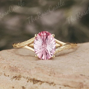 Unik fyrverkerislipad rosa safirförlovningsring naturinspirerad lövsafirvigselring i art déco-guld med brudringar för kvinnor