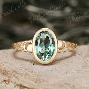 Unique Oval Cut Green Sapphire Moon Engagement Ring Solid Gold Nature Inspired Leaf Sapphire Wedding Ring Personalized Gift for Her