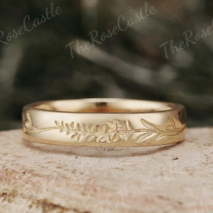 4MM Nature Inspired Leaf Wedding Band Custom Unique Yellow Gold Mens Wedding Band Stacking Matching Ring Handmake Anniversary Rings For Men