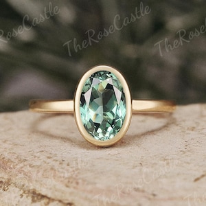 Unique Oval Green Sapphire Engagement Ring 10k 14k Solid Gold Solitaire Ring Bezel Set Handmade Teal Sapphire Wedding Rings Gift For Her