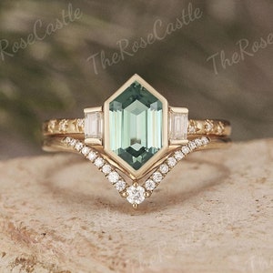 Unique Hexagon Cut Green Sapphire Engagement Ring Set Solid Gold Moissanite Curved Wedding Band Star Design Sapphire Bridal Set Gift For Her