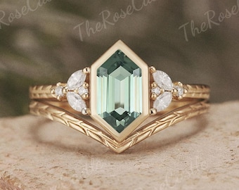 Leaf Engraving Green Sapphire Engagement Ring Set Solid Gold Leaf Teal Sapphire Wedding Ring Set Bezel Sapphire Bridal Rings For Women