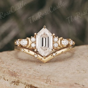 Unique Moissanite Ring Set Hexagon Cut Moissanite Engagement Ring Set Solid Gold Moon Star Wedding Band Moissanite Promise Bridal Ring Set