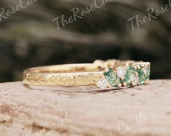 2MM Moss Agate Ring Lavender Engraving Wedding Band Solid Gold Moss Agate Wedding Band Full Eternity Promise Anniversary Ring For Women