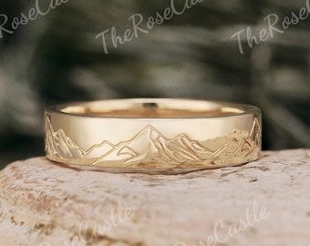 Fede nuziale da uomo in oro massiccio con design a catena montuosa da 5 mm, ispirata alla natura, anello eternity completo con motivo a montagna, regalo di anniversario.