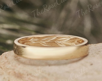 Solid Gold Mens Leaf Engraved Wedding Band – Nature Inspired Branch Ring