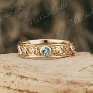 Vintage Moss Agate Wedding Band Unique Ring Solid Gold Mens Wedding Band Natural Inspired Ring Leaf Engrave Mens Wedding Band